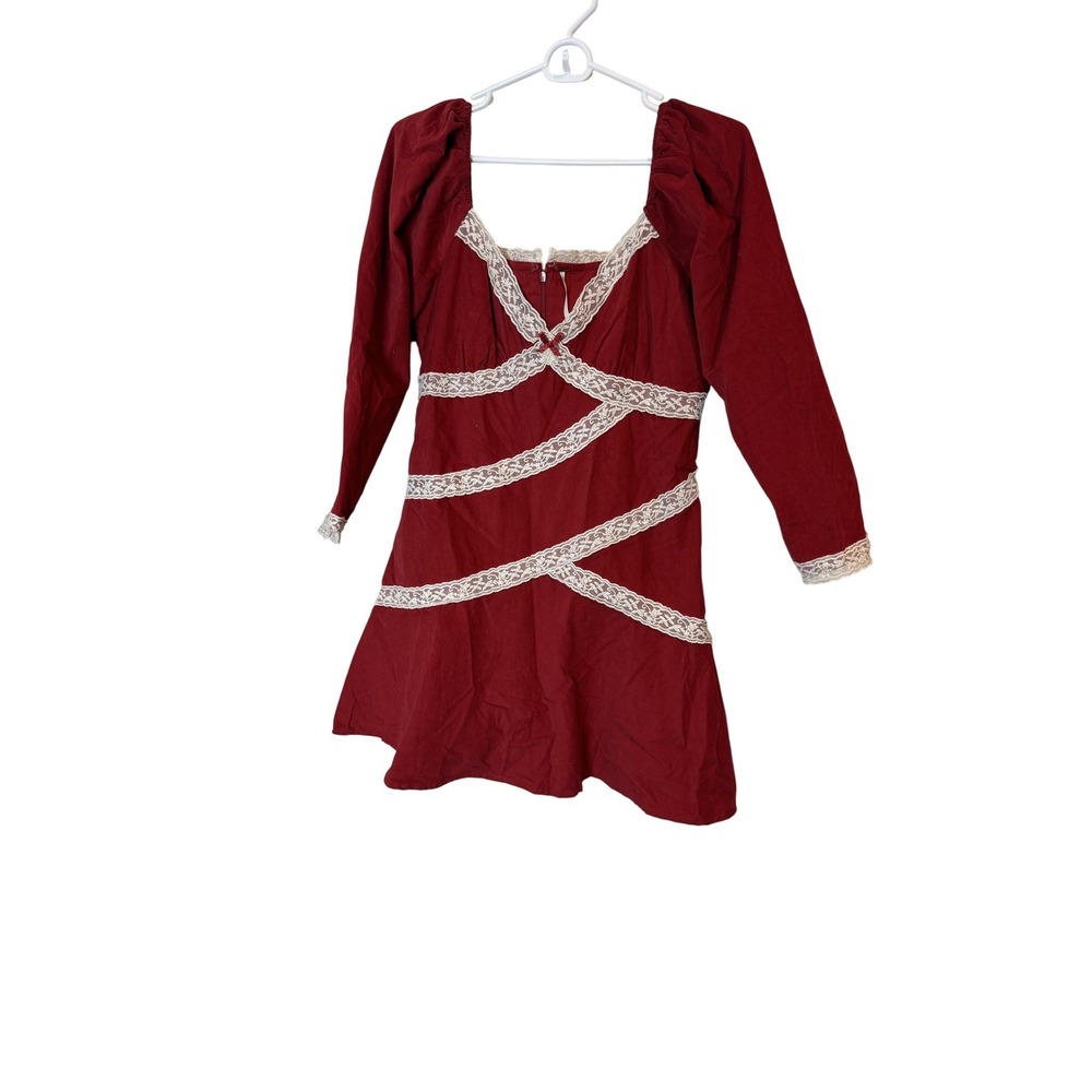 Corduroy Dress Womens Medium Red Lace Puff Sleeve Square Neck Mini Fit & Flare